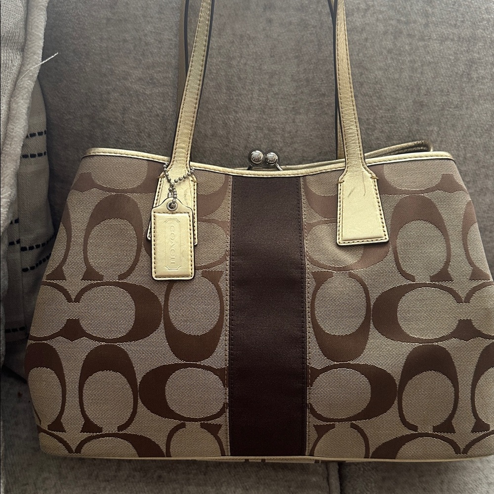 Coach Signature Brown and Silver Shoulder Bag